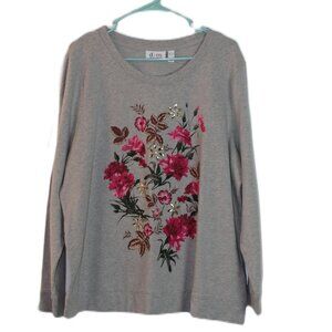 D & Co Denim + Company Long Sleeve Floral Sweatshirt Gray Size XL